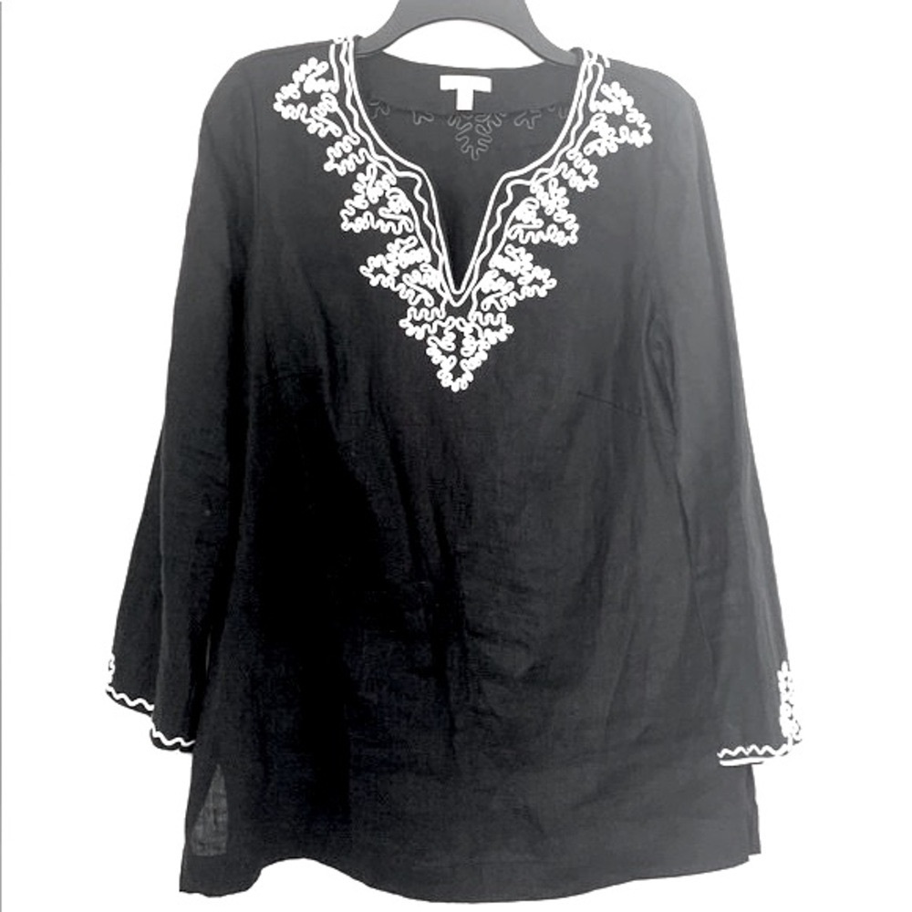 Madison Linen Embroidery Black Tunic Top Medium